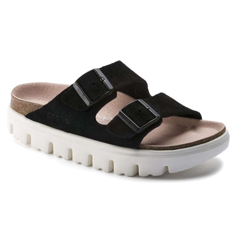 Black Birkenstock Arizona Platform Suede Leather Women's Platforms Sandals | Nz5AEjiB8u1