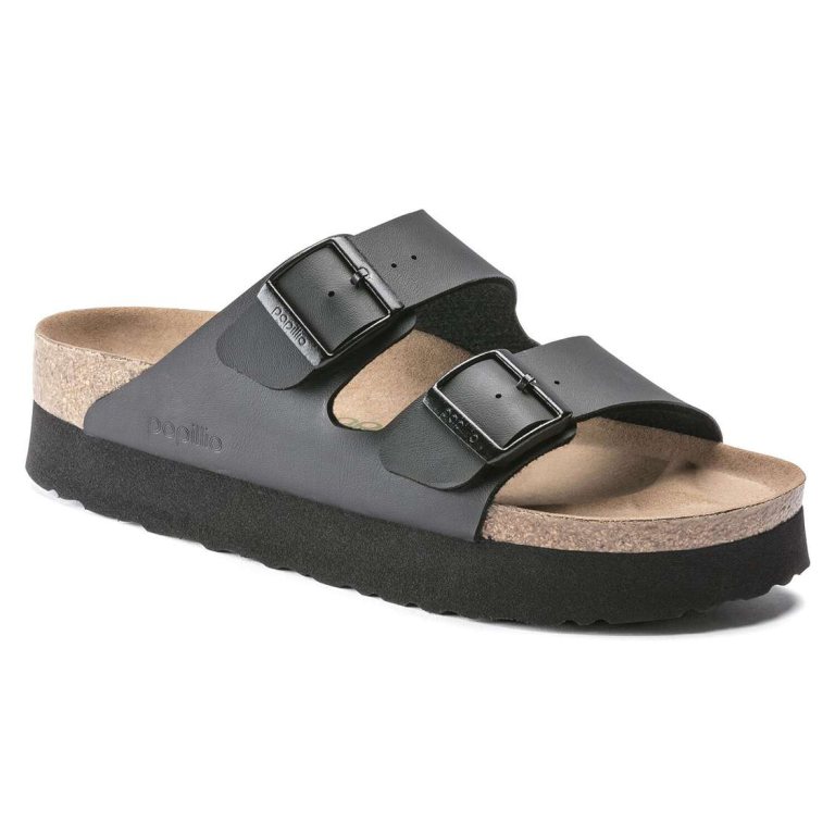 Black Birkenstock Arizona Platform Vegan Birko-Flor Women's Platforms Sandals | GCcxK4qGImm