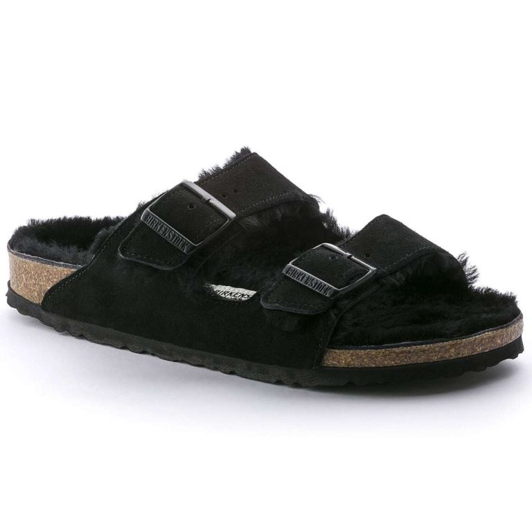 Black Birkenstock Arizona Shearling Suede Leather Men's Two Strap Sandals | tl162GHIFvb