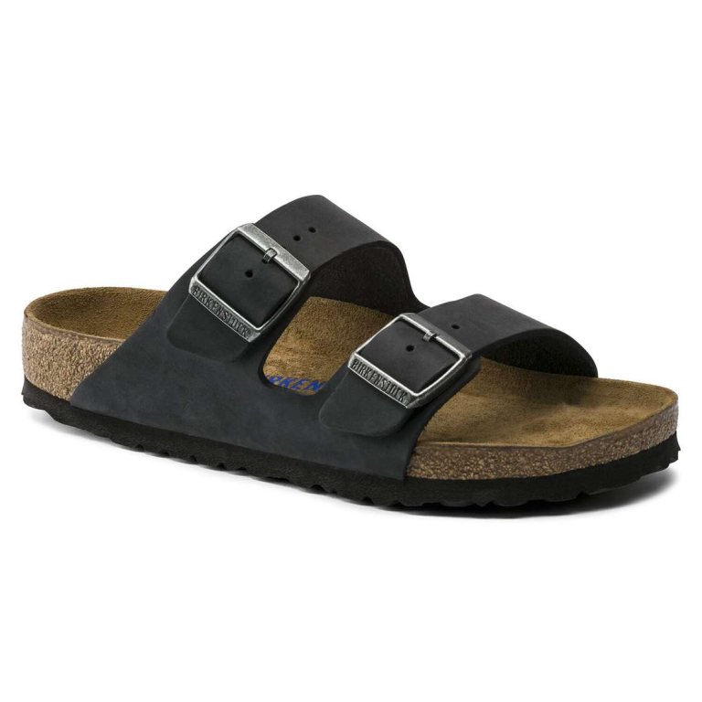 Black Birkenstock Arizona Soft Footbed Oiled Nubuck Leather Men's Two Strap Sandals | BtZluT5jMLd