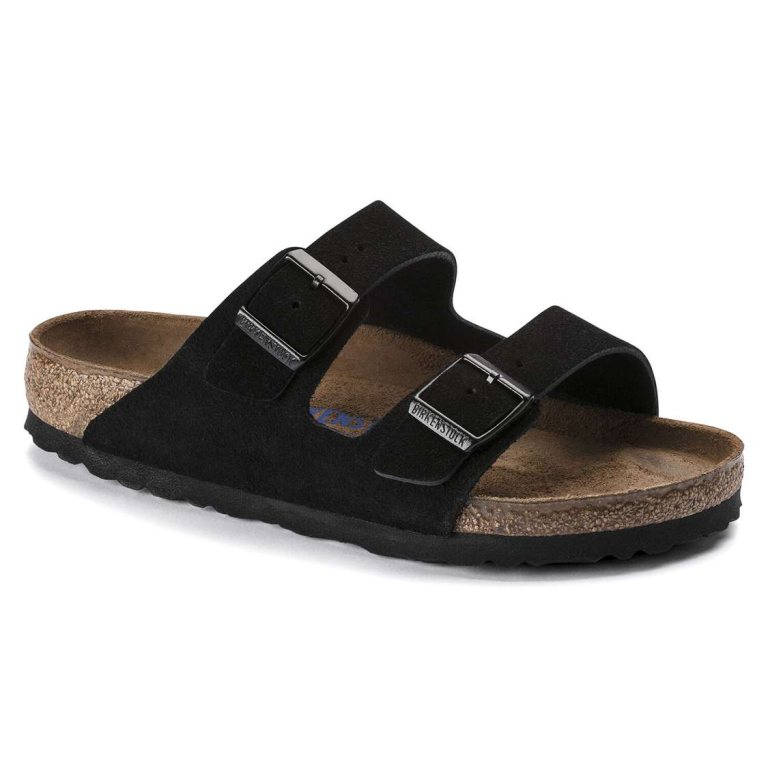 Black Birkenstock Arizona Soft Footbed Suede Leather Men's Two Strap Sandals | fbdIm5kLcex