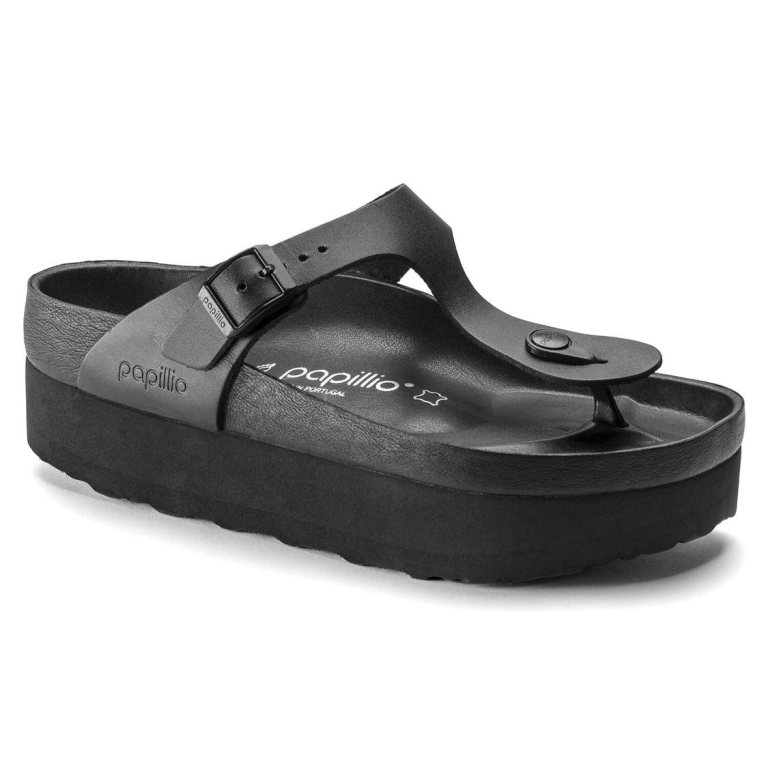 Black Birkenstock Gizeh Platform Leather Women's Platforms Sandals | naZS7Thc1My