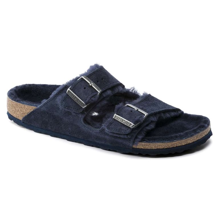 Blue Birkenstock Arizona Shearling Suede Leather Men's Two Strap Sandals | rvRbL2gfdn5
