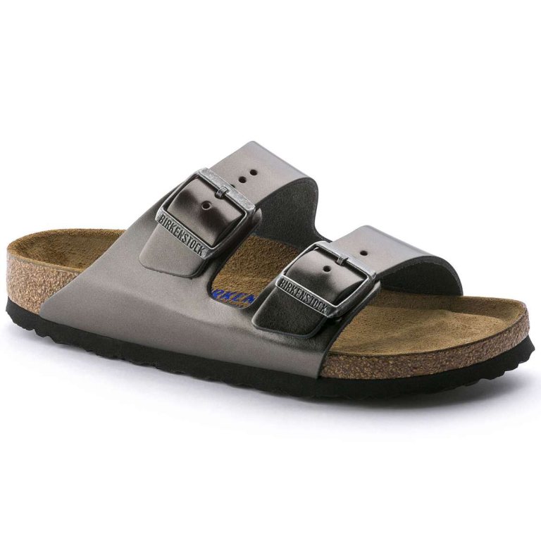 Dark Grey Birkenstock Arizona Soft Footbed Leather Women's Two Strap Sandals | fDpLKgMAtqV