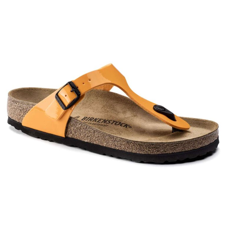 Gold Birkenstock Gizeh Birko-Flor Patent Women's One Strap Sandals | VpY7GBDleX3