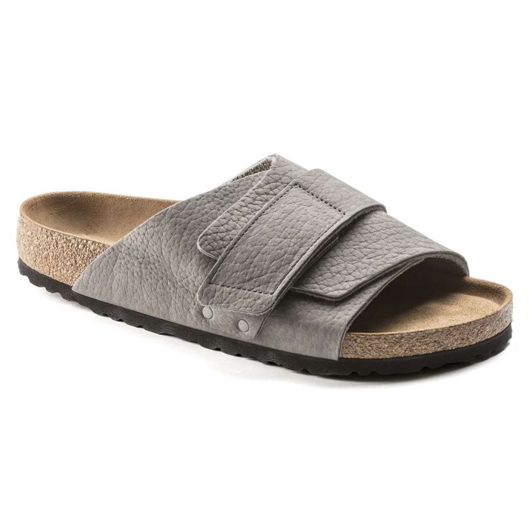 Grey Birkenstock Kyoto Soft Footbed Nubuck Leather Men's One Strap Sandals | n9EtjyArhdF