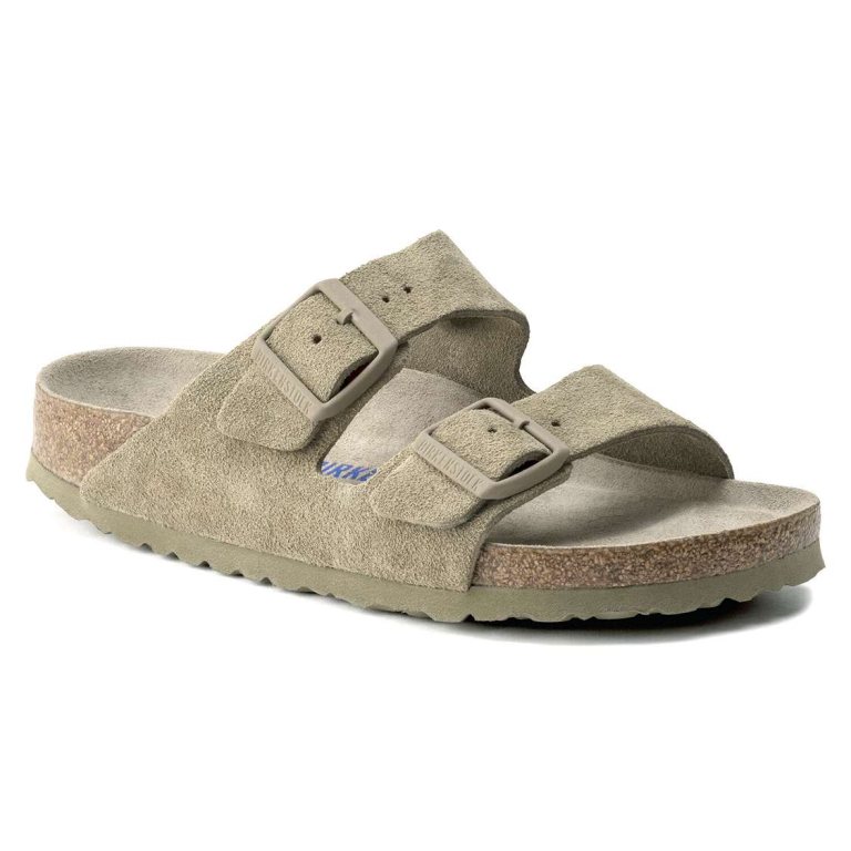 Khaki Birkenstock Arizona Soft Footbed Suede Leather Men's Two Strap Sandals | VSDM6Cq6usA