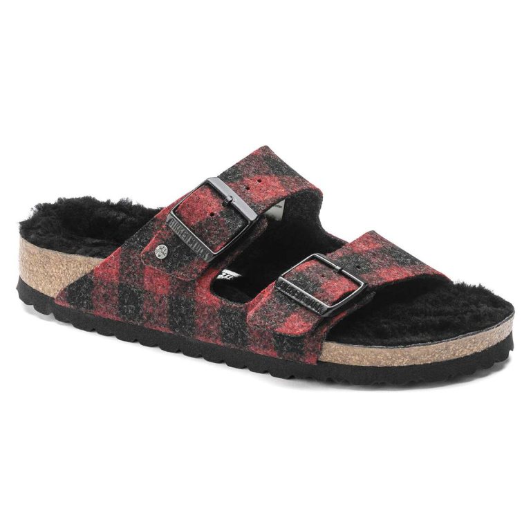 Red Birkenstock Arizona Shearling Wool Men's Two Strap Sandals | xegSHu5Q5r5