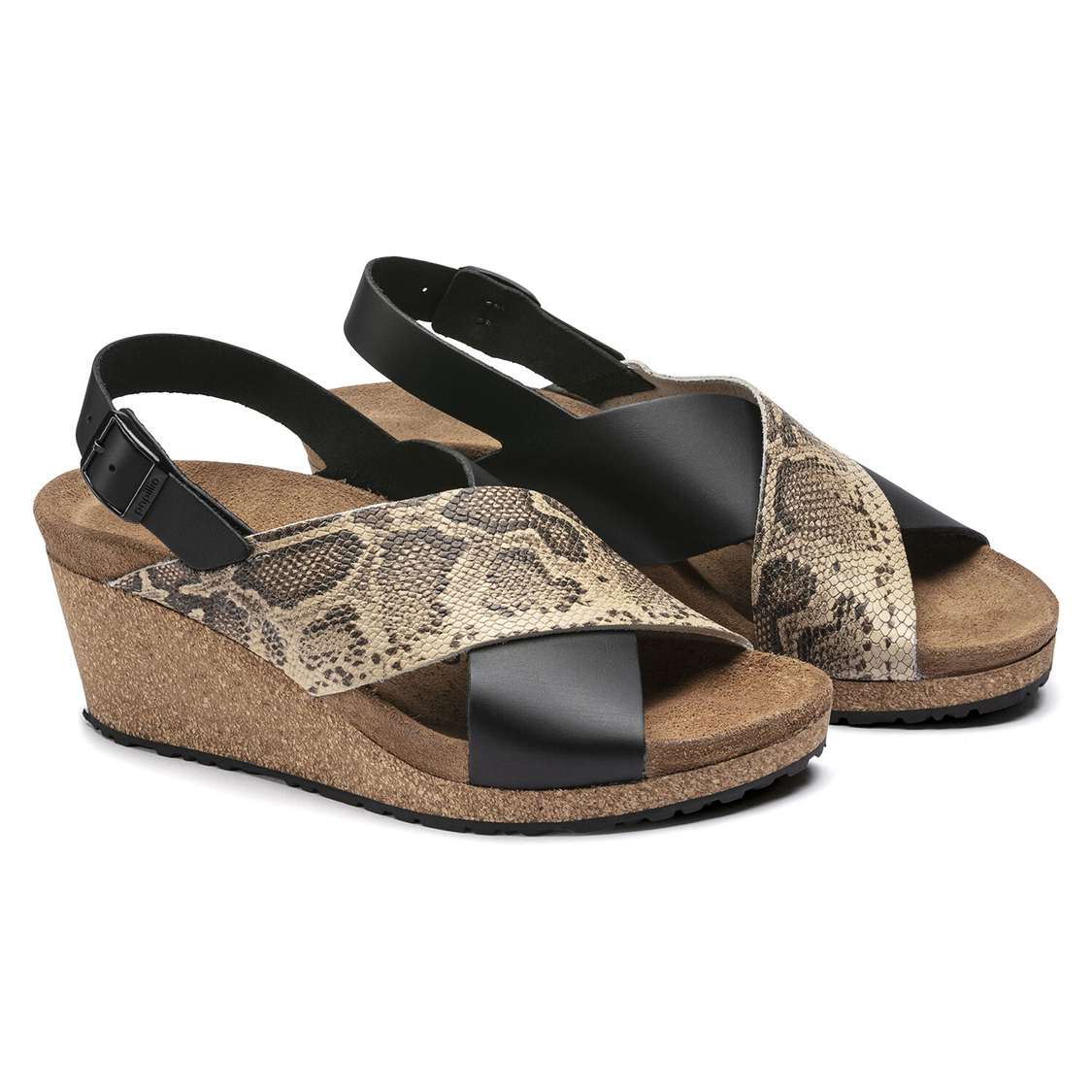 Black / Snake Beige Birkenstock Samira Embossed Leather Women's Wedges Sandals | JfRJ66QJTxW